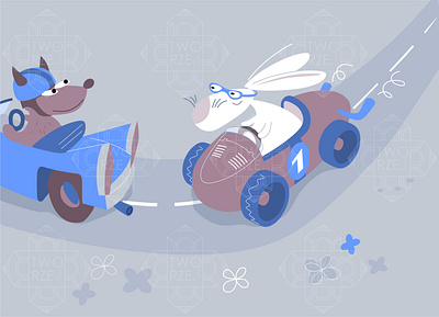 Easter bunny - racing animals blue bunny car easter grey racing road vector illustration wolf