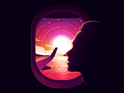 Dazzling Sunset aeroplane colorful colors face fly forest girl horizon illustration landscape nature negative plane proart prokopenko radiance sun water window woman