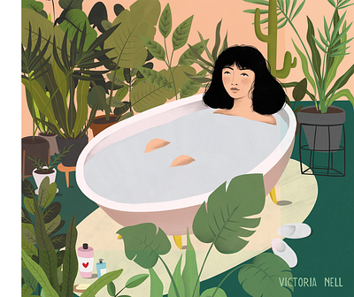 Swimming Among Plants adobe fresco artwork bath book book illustration digital editorial illustration freelance girl illustration ipad illustration lifestyle illustration plants power relax woman