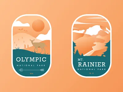 Washington State National Park Badges badge deer design illustration modern mountain national park nature orange pacific northwest park pnw seattle simple sun sunset travel tree vector washington