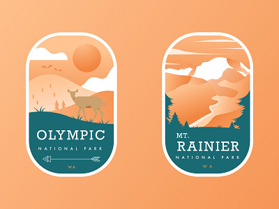 Washington State National Park Badges badge deer design illustration modern mountain national park nature orange pacific northwest park pnw seattle simple sun sunset travel tree vector washington