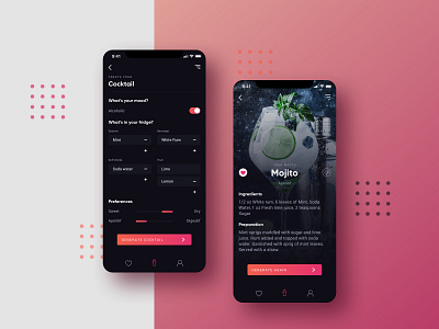 Cocktail Generator app alcohol app calculator calculator app candy cocktail dark mode generator gradient ingredients mojito ui ux uidesign