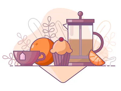 English breakfast breakfast cup cup of tea cupcake design flowers food food illustration french press illustration illustrator lunch morning orange plant tasty tea vector