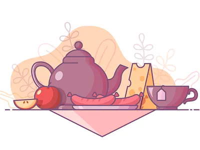 Tasty breakfast apple breakfast cheese cup cup of tea design food food illustration illustration illustrator lunch morning plants sausages tasty teapot vector