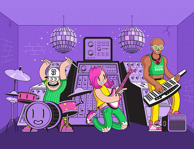 Musical Perfomance character collaboration concert design equipment guitar illustration music perfomance purple synthesizer vector