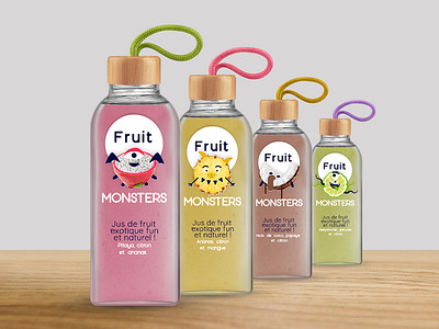 Drink Packaging 1/3 adobe character design cute drink ecology exotic fruits fruit fruit juice fruits glass illustrator juice logo logo design monsters natural packaging photoshop reusable wood