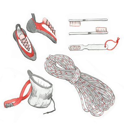 Climbign Spots Part 1 bouldering chalk bag climbing dust brush illustration illustrator line art rock climbing rope shoes