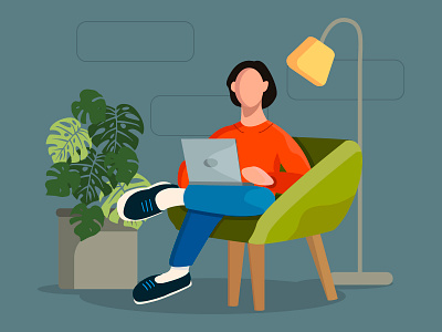 A man in an orange sweater and blue jeans working at home 2019 ncov business cartoon cat chair character communication computer concept corona design desk female flat freelance girl home home clothes homework house