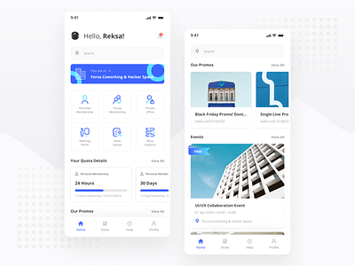 Coworking Spaces - Mobile App android blue card clean coworking design icon illustration ios minimal mobile simple ui ui design ux ux design