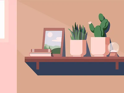 Shelf in the light beam beam books cactus design illustration illustrator indoor interior light pastel pastel color photo plants shadows shelf