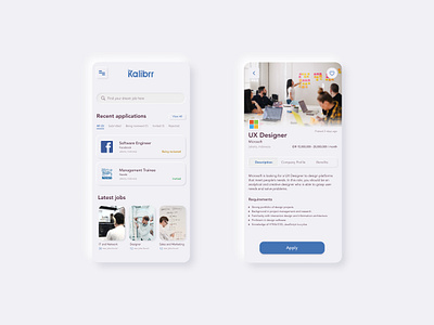 Kalibrr Job Search Applications app clean concept dailyui design indonesia interface job job application minimal mobile ui neumorphic neumorphism redesign ui ui design ux