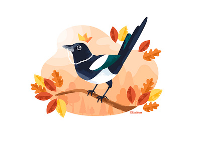 Magpie bird birds black white character design forest illustration illustrator leaves magpie pastel princess vector vector art