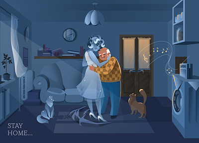 Grandma adobe illustrator art cats charactedesign cute art design family grandma grandpa home human illustration night people postcard quarantine room stay home stayhome vector