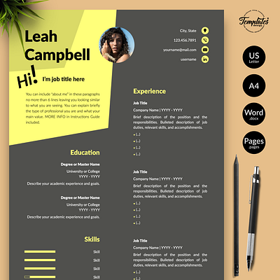 Modern Resume for Word & Pages “Leah Campbell” curriculum vitae cv template dark cv dark resume template instant download minimalist resume modern resume professional resume resume cv resume downloadable resume editable resume for word resume template resume template word resume with cover word cv word resume word template