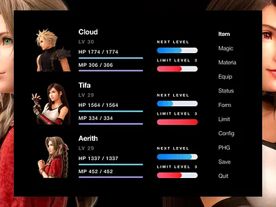 FF7R Original Menu UI aerith battle battle ui black character selecter characters design ff7 ff7r final fantasy health menu menu ui simple tifa ui ui design user interface ux white