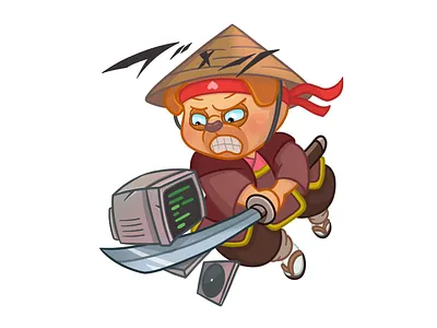 Computer fight animal character design computer dog emotion evil fight flat game ipad japanese katana ninja procreate programmer pug samurai sticker telegram work