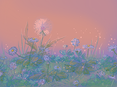 Lazy Daisy blue cute daisy clover dandylion english garden flower flowers flowers illustration garden green illustration leaves light mood nature pink pretty procreate twilight weed