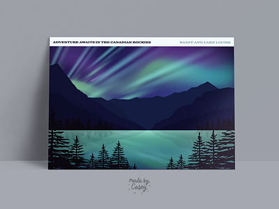 Banff and Lake Louise adobe illustrator alberta aurora borealis banff canada dribbbleweeklywarmup illustration lake lake louise made by casey mountains nature northern lights postcard trees vector weekly warmup