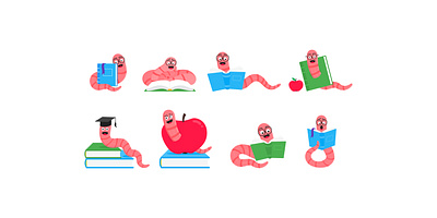 Bookworms attack! apple book bookworm earthworm eyeglass flat glasses happy hat illustration vector worm