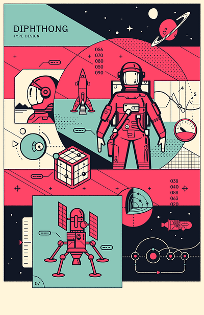 Diphthong Type Design Cover astronaut charts cover data illustration instruments moon print retro rocket sci fi science space typogaphy