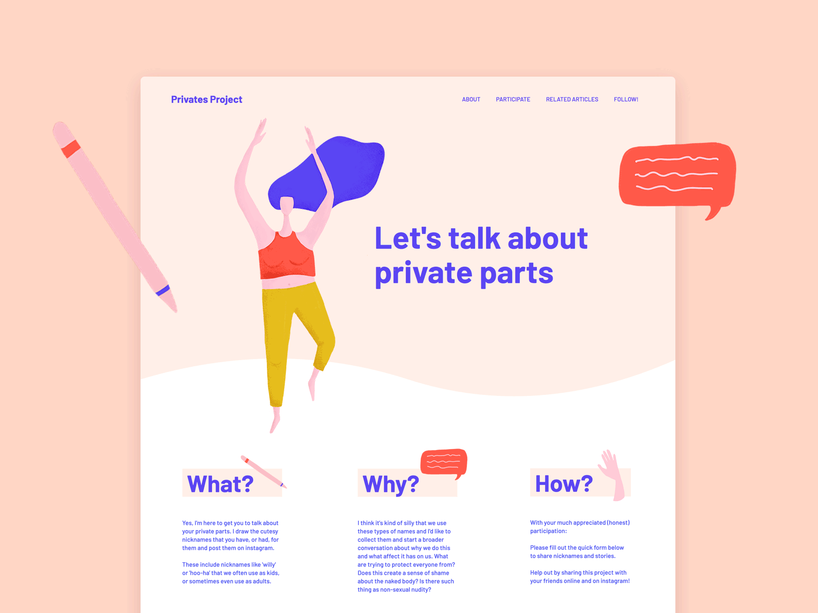 Web Design | Privates Project conversation follow gif health illustration instagram live naked nude participate private purple hair sexual health talk ui uxui visual design web design website website design