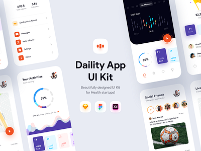 Daility App UI Kit app challenge chart clean colors concept daily activity design graph health ios minimal mobile mobile app orange ui ui kit ui8 uikit vector