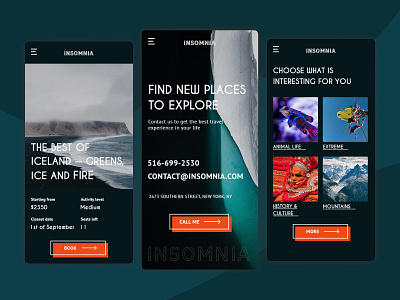 Insomnia Travel Agency Mobile Website Design adaptive clean dark design flat flat design minimalism mobile nature sale travel typography ui uidesign uiux ux web web design webdesign website
