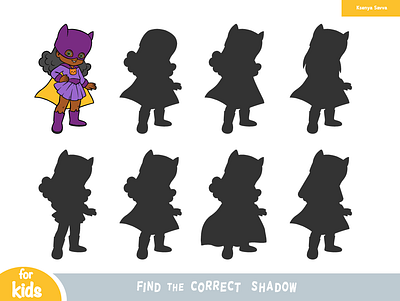 Super hero girl. Find the correct shadow, education game activity adobe illustrator cartoon character children comic costume education find the correct shadow for kids game girl illustration learning magic preschool shadow supergirl superhero wonder woman