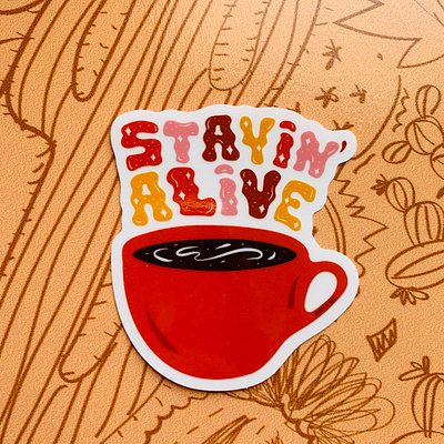 Stayin' Alive transparent sticker coffee coffee cup coffee mug design drawing illustration lettering quote retro sticker sticker design stickers typography vector vintage