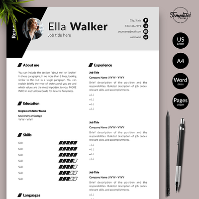 Creative Resume for Word & Pages “Ella Walker” best cv template best resume template best resume word creative cv photo cv design for pages cv design for word cv template cv with photo modern resume modern resume design one page resume professional resume resume design word resume template three page resume two page resume