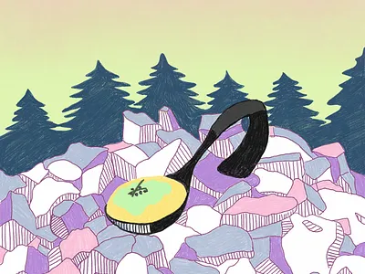 Californian Pine Wild Consommé california consomme fine dining food illustration gel shell handdrawn illustration menu mt. lassen pine needle rocks sphere volcanic rocks