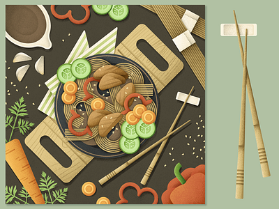 Asian lunch asia buckwheat noodles design dinner food foodie grain texture grit illustration teriyaki texture vector vegetables