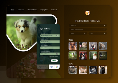 Landing Page to find Pet & Signup Screen daily ui challange dailyui dailyui 003 dribbble lovefordribbble ui ux ui 100