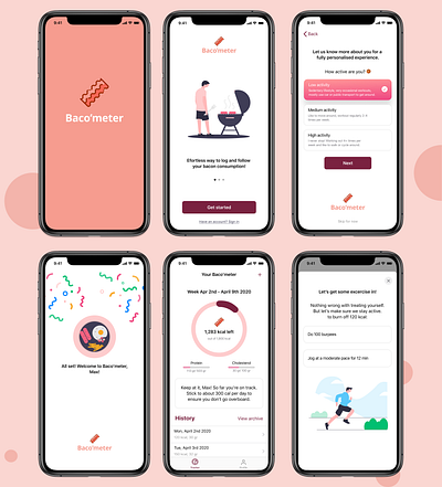 Baco'meter 🥓 concept concept app concept design food app food illustration illustration ios ios app design mobile app mobile design mobile ui onboarding ui personalised pink tracking app ui