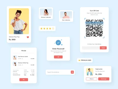 Shopping App Components app appui blue clean design fashion interface mobile mobile ui red simple ui ui design uidesign ux web yellow