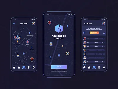 Social Gaming App Dark UI 🕹️ app app design dark dark app dark blue dark map dark mode dark ui esport esports gaming icon icons logo map navigation neon neon colors ui ux