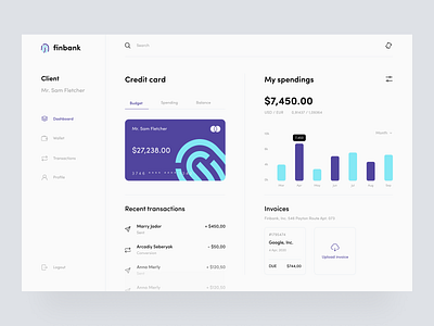 FinBank app design application bank bank card banking credit card dashboard dashboard ui finance finance app invoice minimal spending sunday transaction transfer uiux wallet web