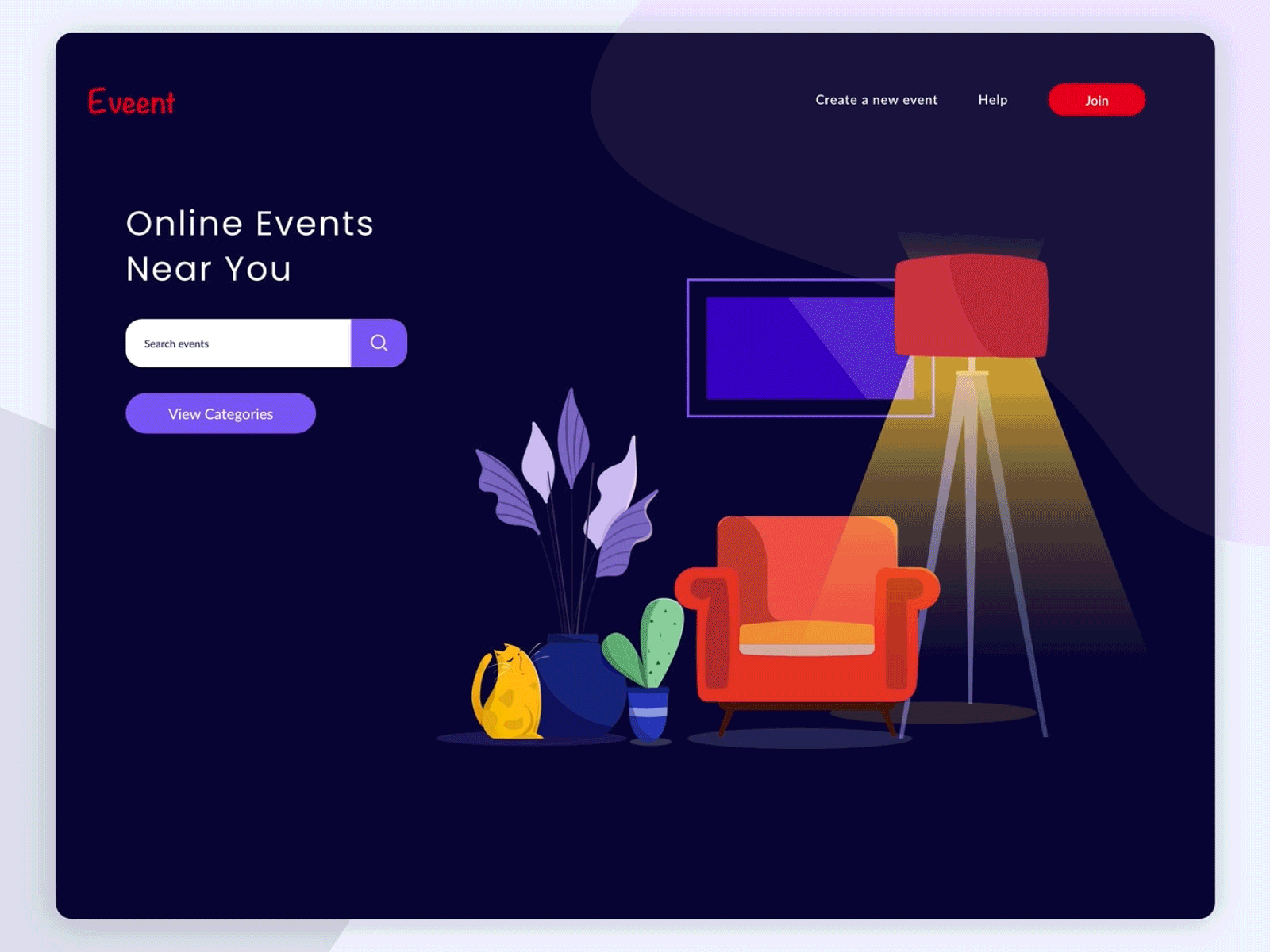 Eveent Landing page card design dailyui dark mode event app flat illustration gif landingpage ui ux