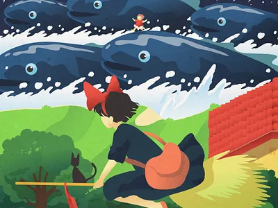 Where the sky meets the sea 🌊🌧 adobe illustrator fan art fantasy ghibli fan art illustration kikis delivery service ponyo sea sky studio ghibli vector