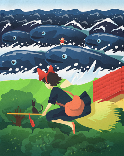 Where the sky meets the sea 🌊🌧 adobe illustrator fan art fantasy ghibli fan art illustration kikis delivery service ponyo sea sky studio ghibli vector
