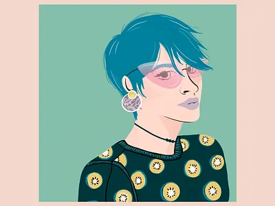 Teal Haired Girl - Illustrative portrait about me aboute us cute digital illustration fashion illustration feminist illustration kiwi pattern messy hair pattern portrait product illustration short hair
