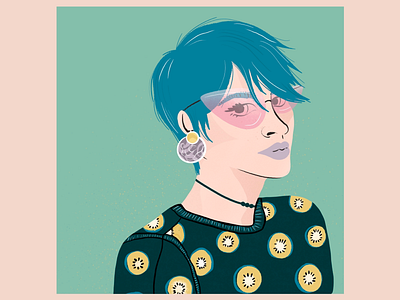 Teal Haired Girl - Illustrative portrait about me aboute us cute digital illustration fashion illustration feminist illustration kiwi pattern messy hair pattern portrait product illustration short hair