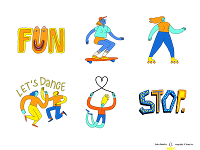 Snapchat Sticker Pack "Be Active" (part 2) 2d character colourful dancing design fun illustration play simple skateboard snapchat soiko spot illustration sticker pack sticker set stickers stop ui vector vector character