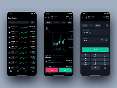 Crypto Exchange iOS App app bitcoin cards charts crypto crypto exchange cryptocurrency dark mode data dropdowns ethereum filters fintech ios keyboard price search trading ui ux