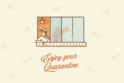 Enjoy Your Quarantine cartoon coronavirus design doodle houseplants illustration quarantine window