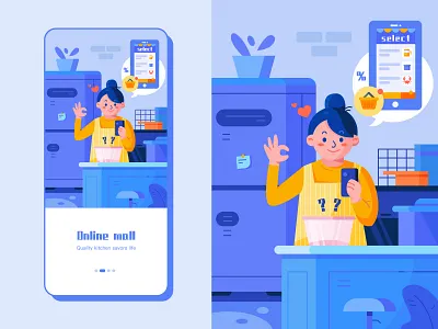 online mall heart illustraion kitchen ok online phone plant refrigerator shopping smile women