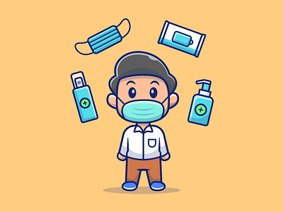 Boy Wear Mask With Health Stuff boy cartoon corona coronavirus disinfectant hand health icon illustration logo male man mask medical sanitizer soap tissue vector virus wear