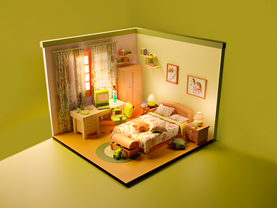 child green room 3d 3d bedroom 3d illustration 3d room blender chid child children colorfull cute cute 3d room georgia graphic design green illustration mood room design spring tbilisi toy