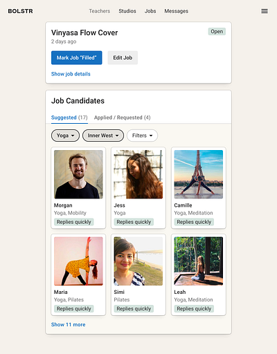 Bolstr · Job Candidates fitness health job job listing listing product design web yoga