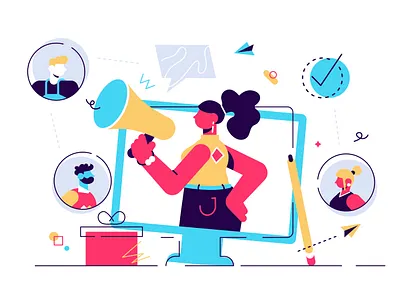 Marketing consumer audience communication service for influencer advertising audience avatar business business people character design flat illustration influencer loudspeaker marketing message offer office people referral service team vector